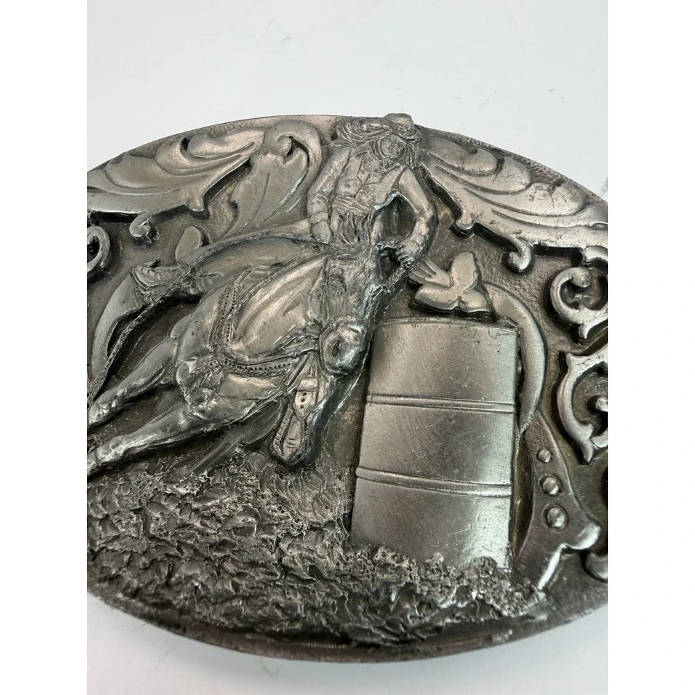 Rodeo Cowgirls Barrel Racing Belt Buckle Scroll 1990 C&J Vintage Western